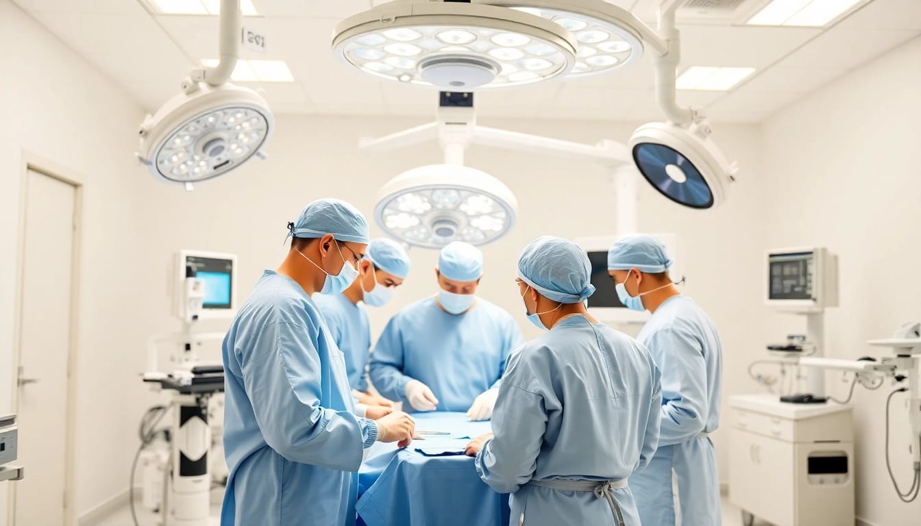 Surgical Treatment Cente scene showing skilled surgeons preparing in a state-of-the-art facility.