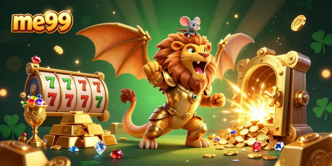 Join the me99 experience with a golden chimera and playful elements showcasing an exciting casino atmosphere.