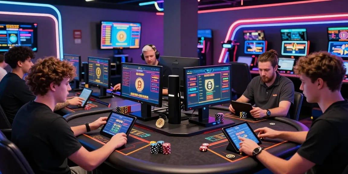 Engaged players at a lively crypto casino with digital interfaces and neon lighting.