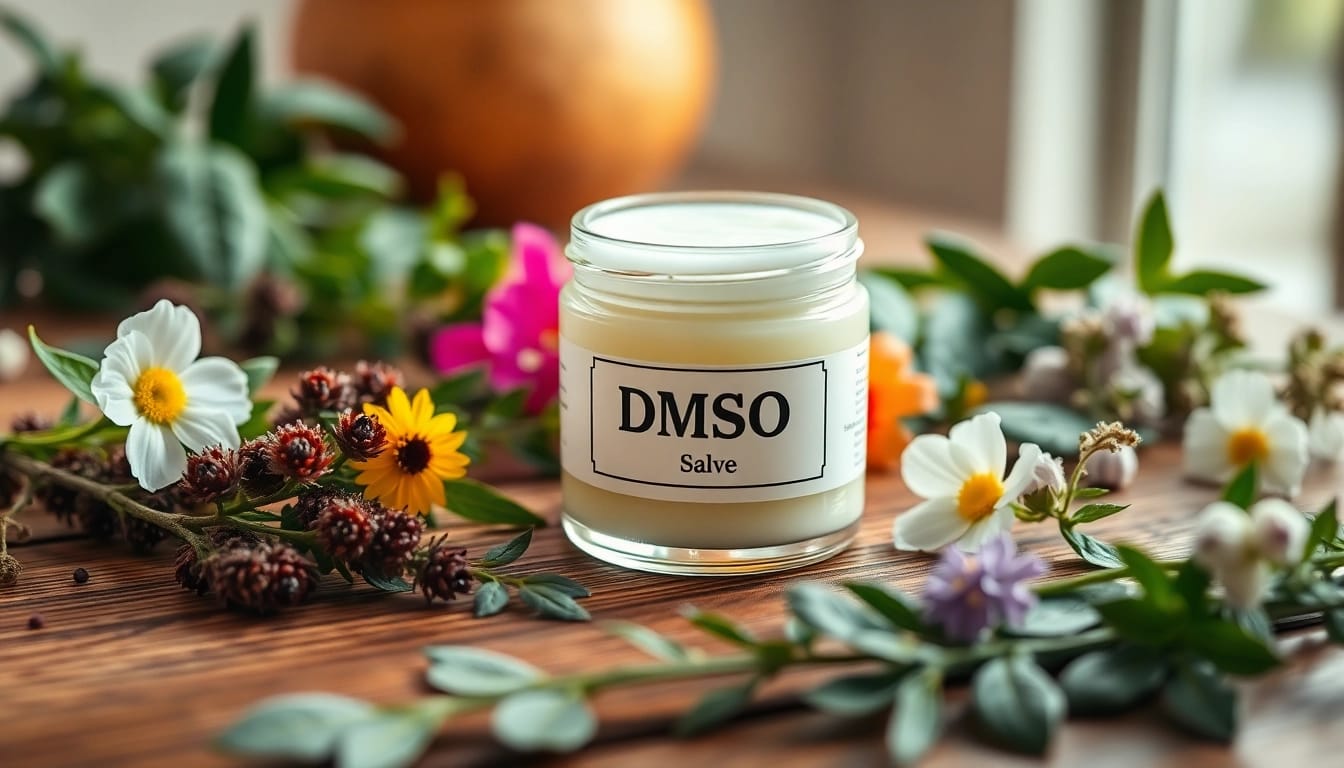 Apply DMSO salve to soothe skin irritations while surrounded by fresh herbs.