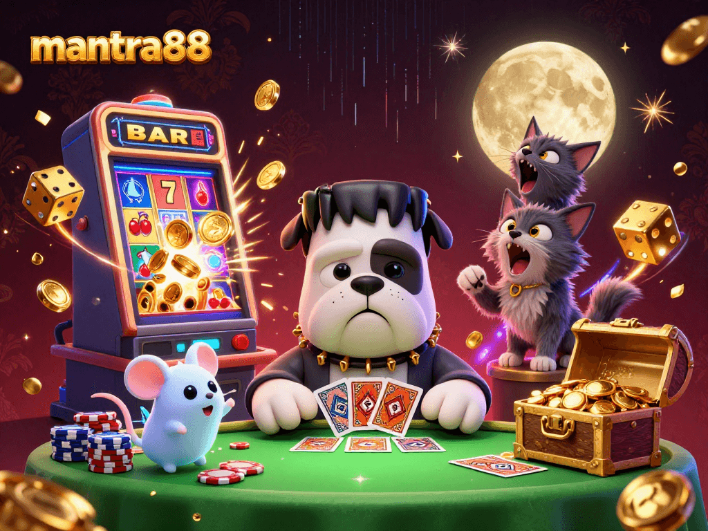 Experience excitement with mantra88's thrilling casino adventures in this vibrant 3D digital illustration.