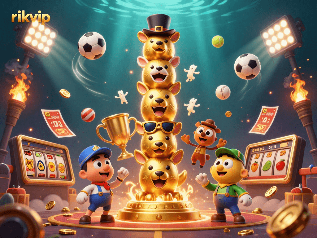 Experience vibrant gaming with rikvip's dynamic sports betting illustration featuring 3D totem and energetic elements.