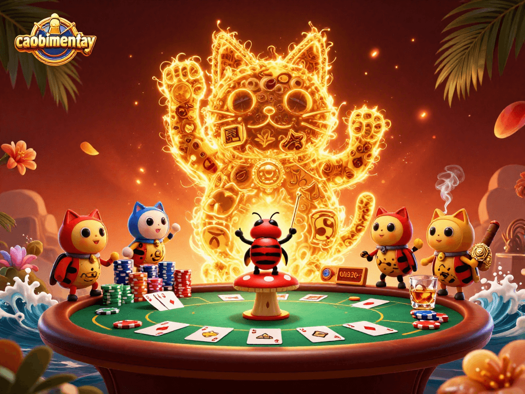 Experience caoboimientay through a vibrant scene with a lucky cat and dynamic poker elements.