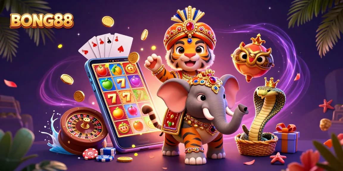 BONG88 features a vibrant 3D illustration showing a maharaja tiger with a jewel-encrusted elephant, set against a dynamic casino backdrop.