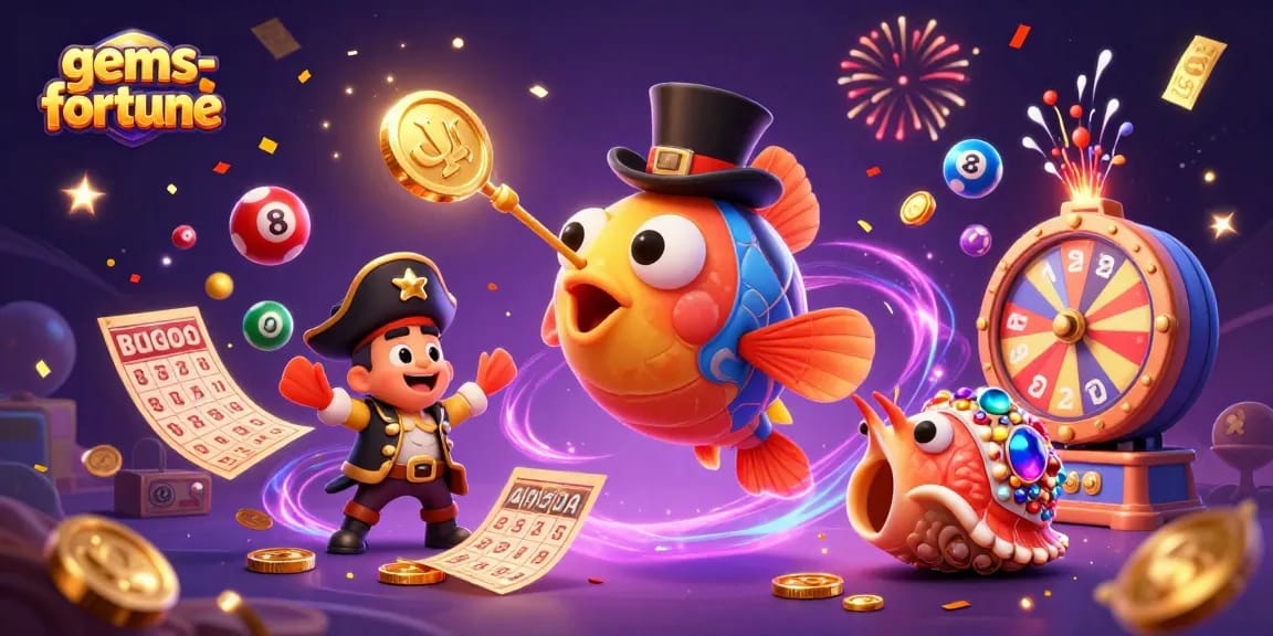 Engage with gems-fortune as 3D characters and vibrant casino elements create a magical gambling scene.