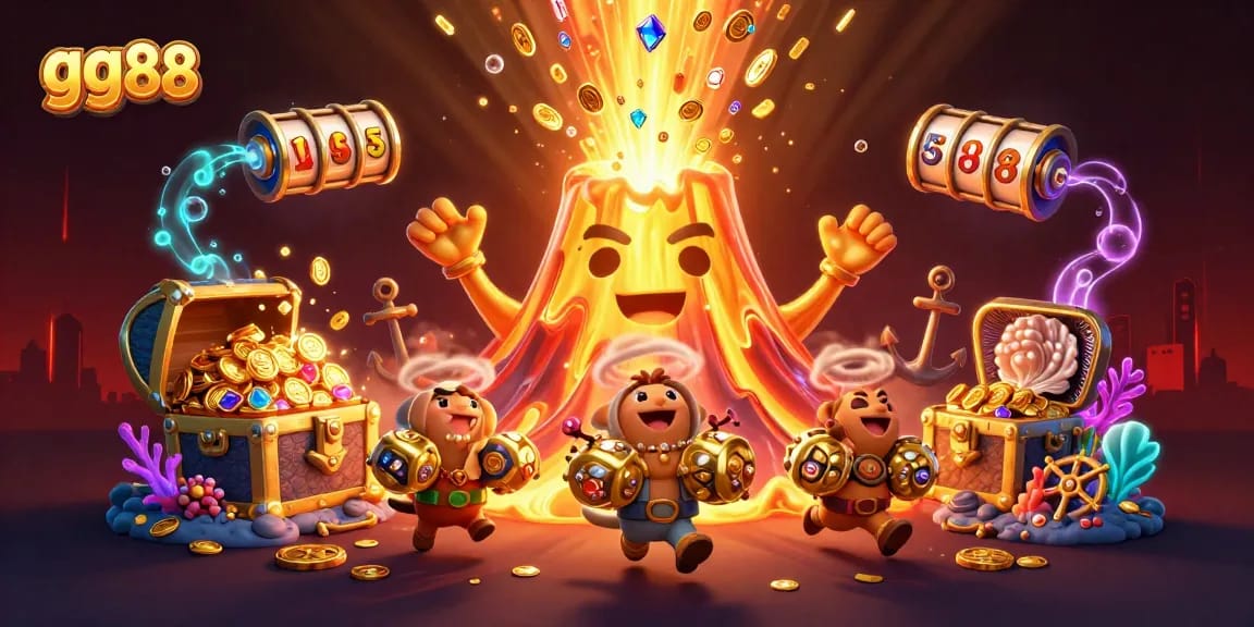 Spin the reels for jackpots at gg88 with animated treasures and vibrant golden volcanoes!