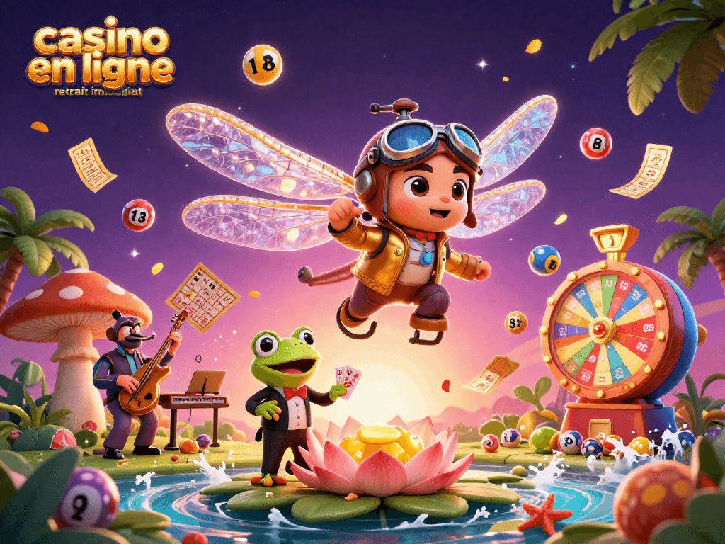 Jouez au casino en ligne retrait immédiat avec des gains rapides dans une scène dynamique et colorée.