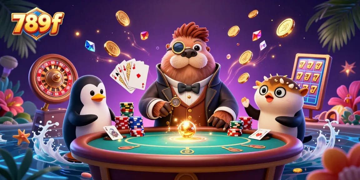 Experience the thrill of gambling at 789f, illustrated with vibrant characters and lively casino elements.