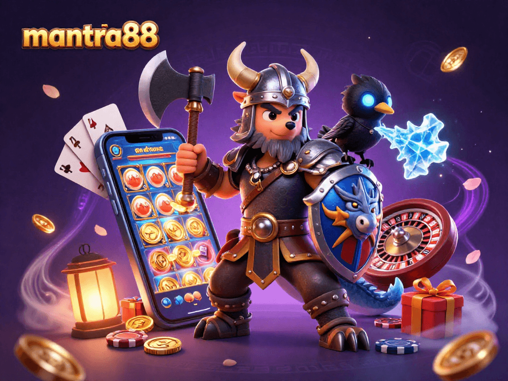 Engage with mantra88's thrilling slot games through this dynamic 3D casino illustration.