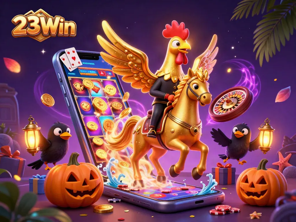 Experience thrilling gaming with 23Win as a golden rooster heralds luck in a vibrant casino scene.