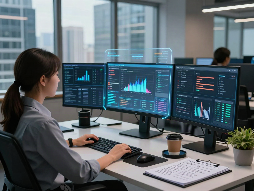 Cybersecurity analyst working on a document fraud detection solution with advanced technology in a modern workspace.