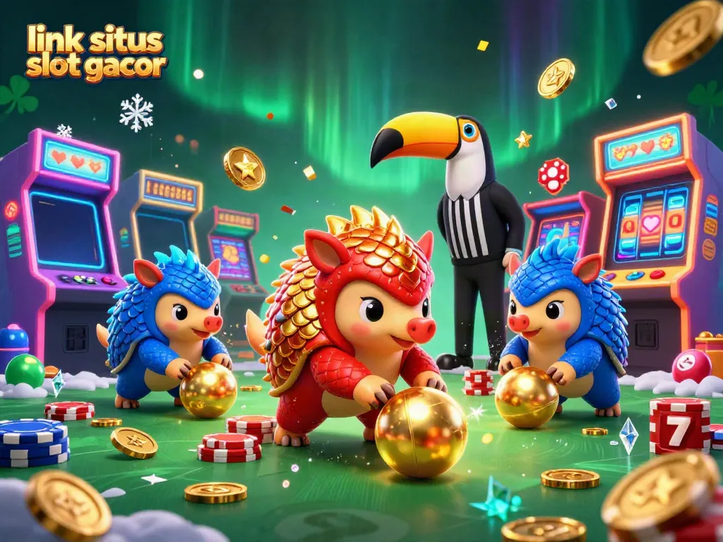 Menggulung bola emas dalam permainan slot dengan pangolins, "link situs slot gacor" di latar belakang.
