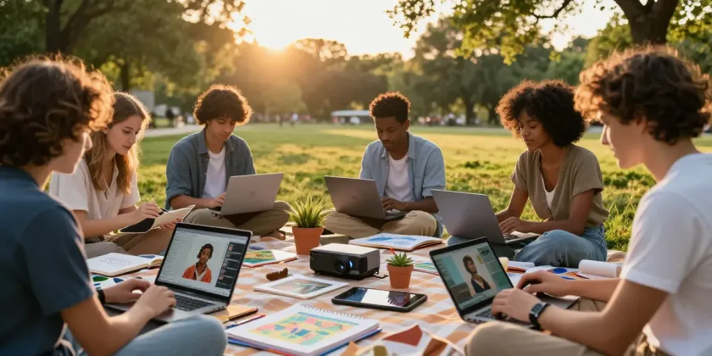 AI-powered photography collaboration at golden hour with Typeshutter community in a park.