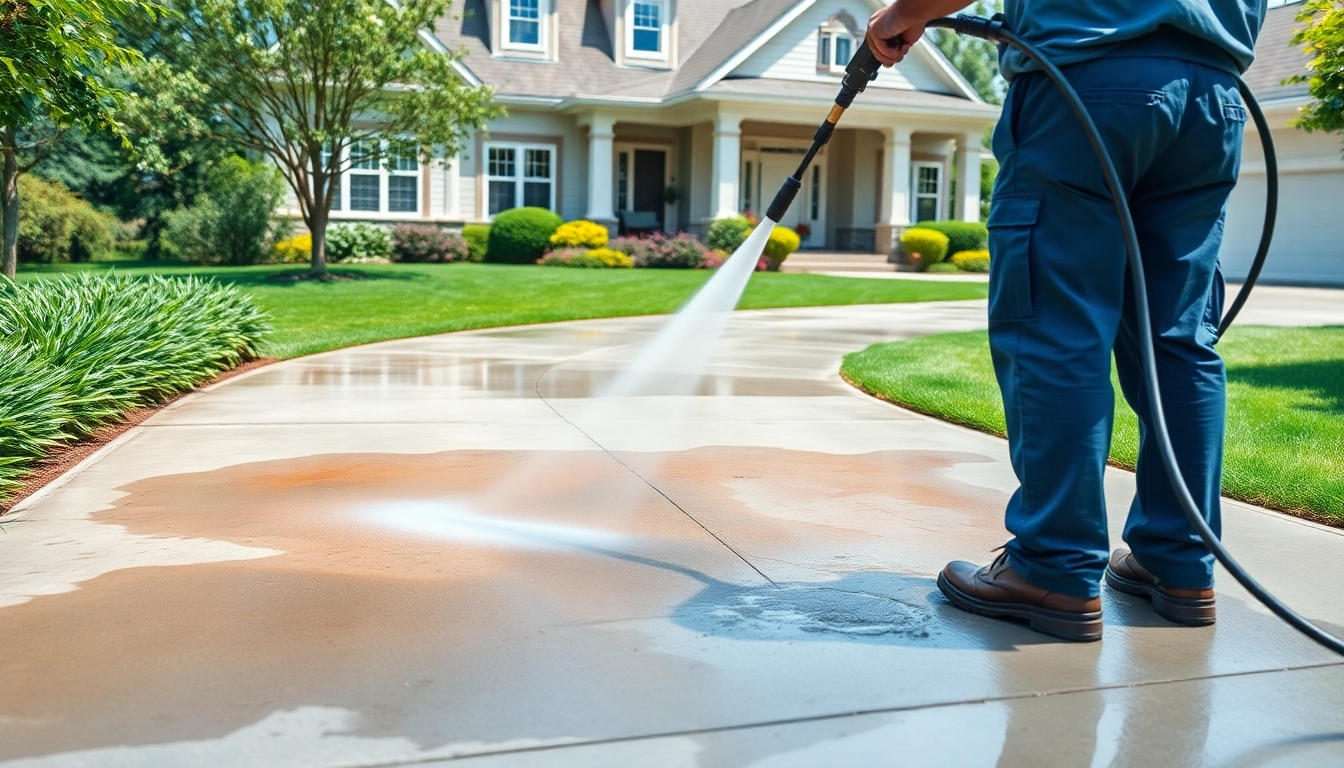 Engaging driveway cleaning scene showing a technician at work, revitalizing a driveway.
