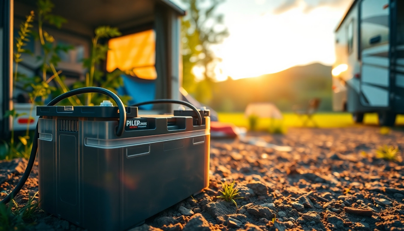 Showcasing lithium RV batteries installed in an RV during a picturesque camping setting.