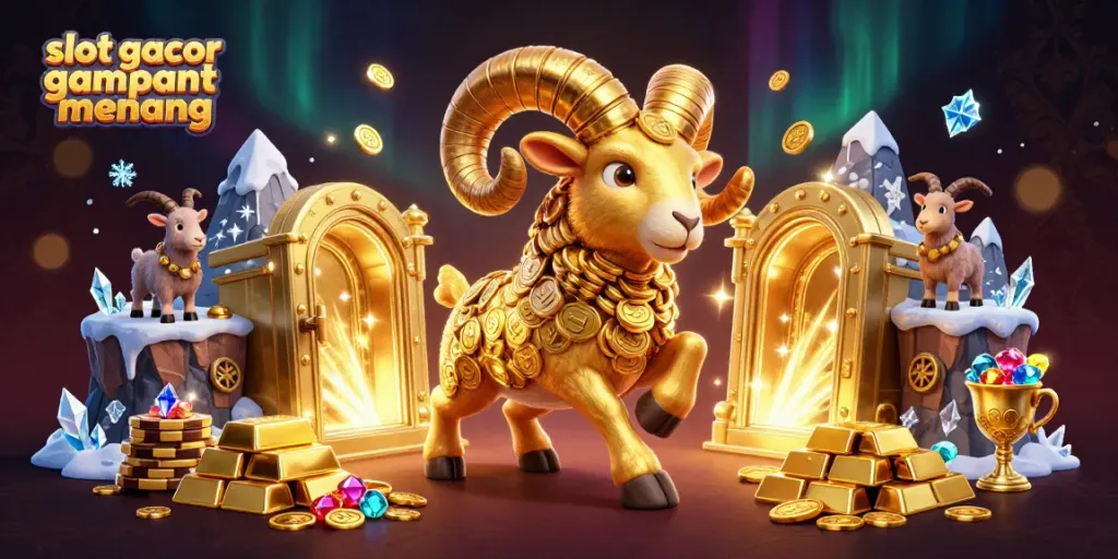 Mainkan slot gacor gampang menang dengan karakter berbentuk domba emas dan banyak harta di sekitar.