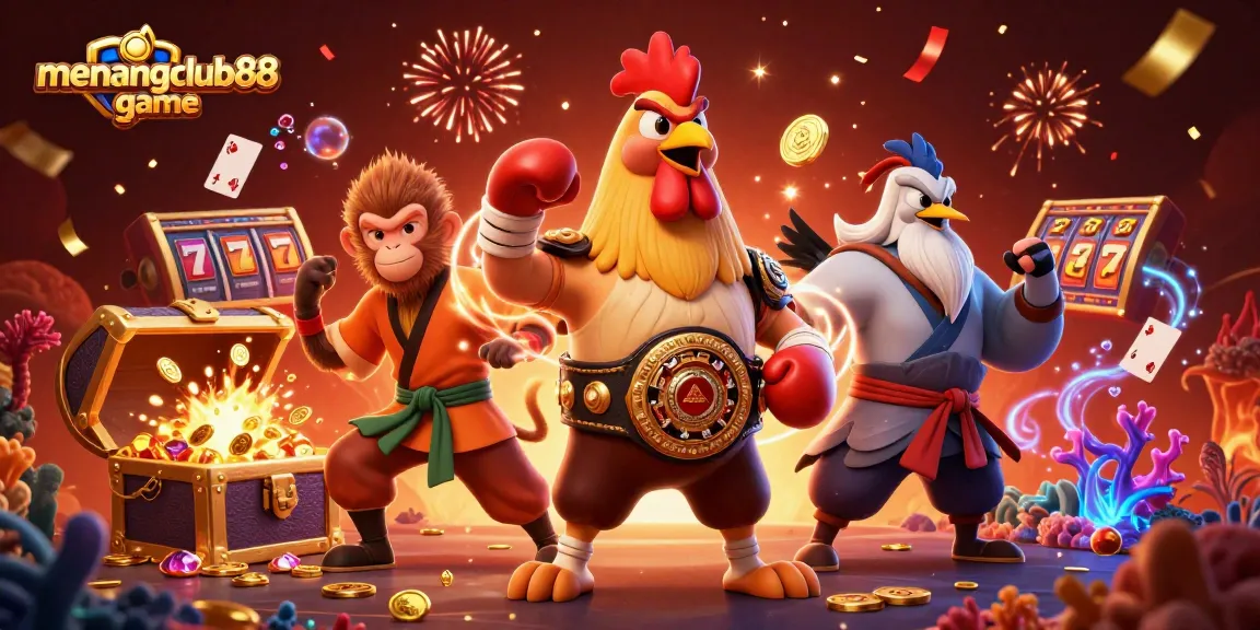 Play thrilling menangclub88 game with a vibrant 3D rendering featuring a Muay Thai rooster, Shaolin monkey, and crane master.