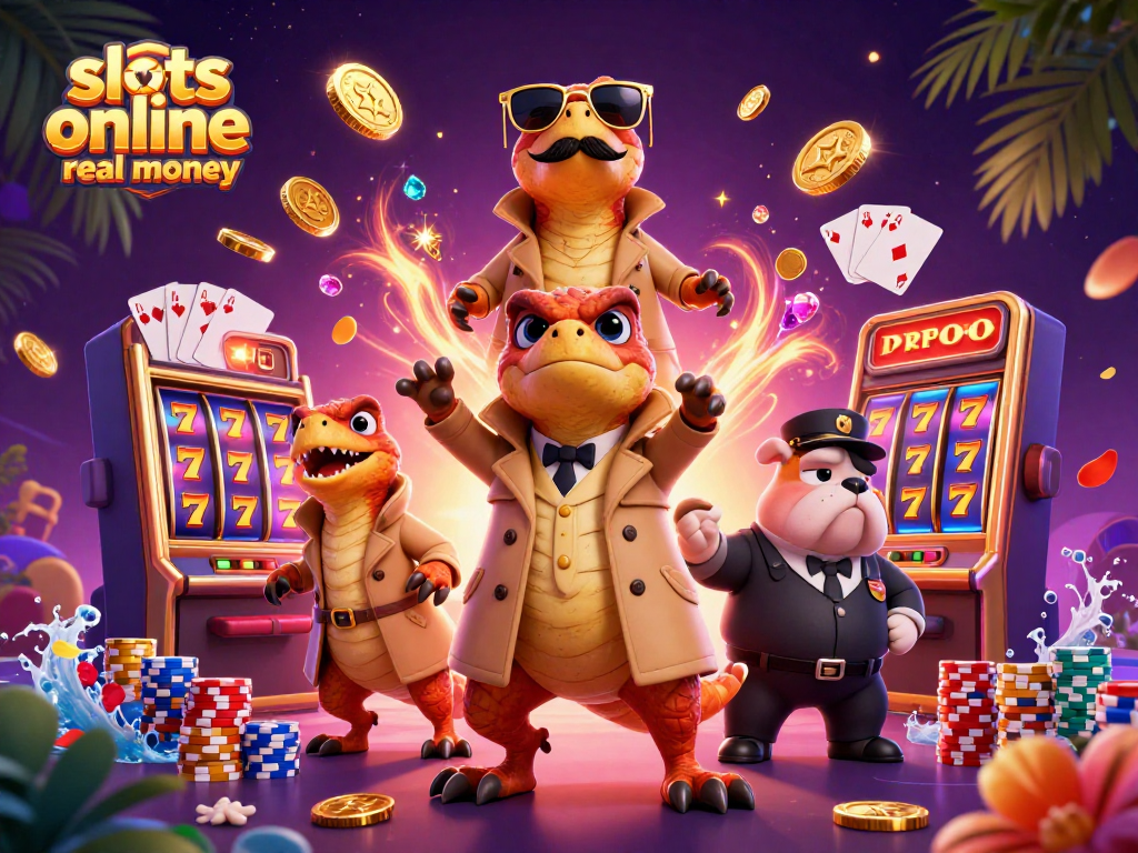 Experience slots online real money with three raptors in a trench coat entering a VIP casino scene.