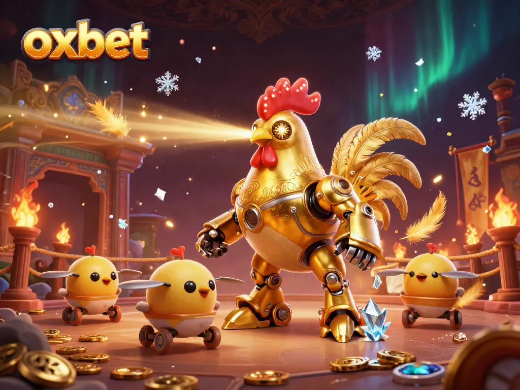 Engage in thrilling gameplay with the oxbet golden rooster robot and chick drones in a vibrant 3D casino scene.