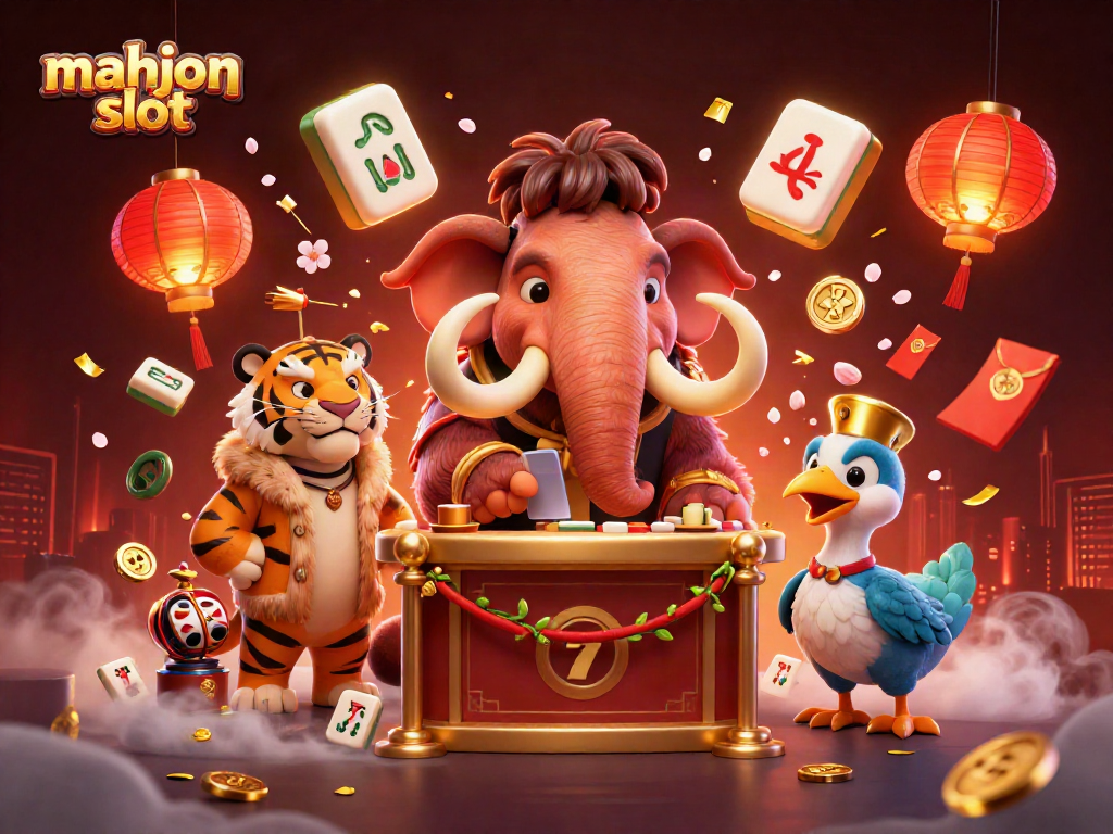 Play mahjong slot with a vibrant 3D illustration of characters and decorative elements in a dynamic casino setting.