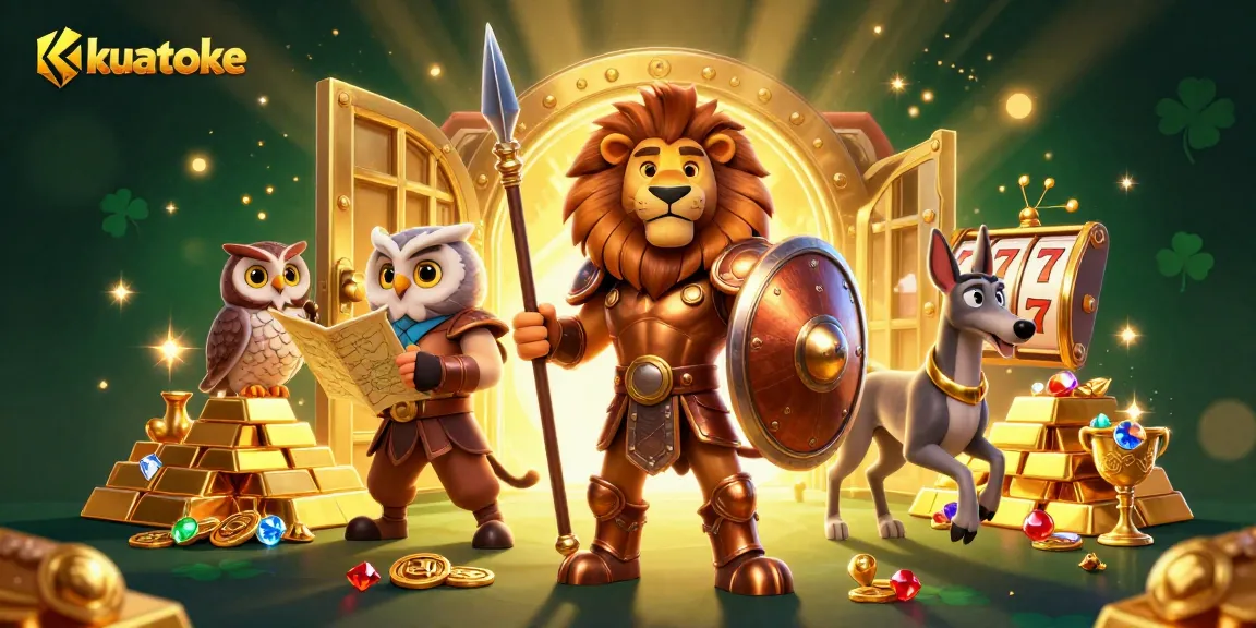 Kuatoke: Engage with thrilling slot games alongside a heroic Spartan lion in a vibrant casino scene.