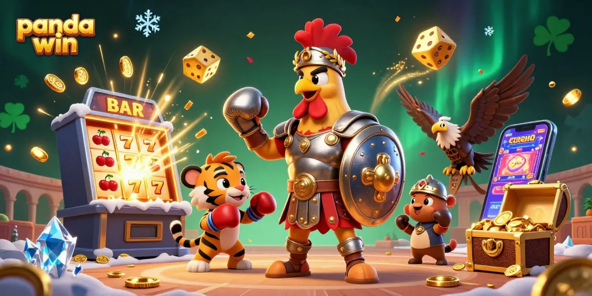 Experience the fun with panda win in this vibrant 3D casino illustration featuring exciting game elements.