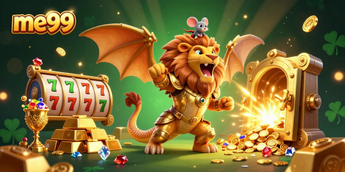 Join the me99 experience with a golden chimera and playful elements showcasing an exciting casino atmosphere.