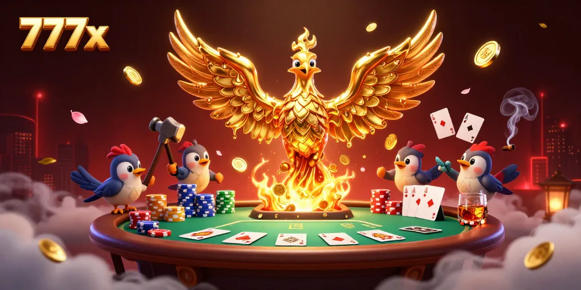 Experience thrilling poker moments at 777x with a golden phoenix rising amidst vibrant gaming elements.