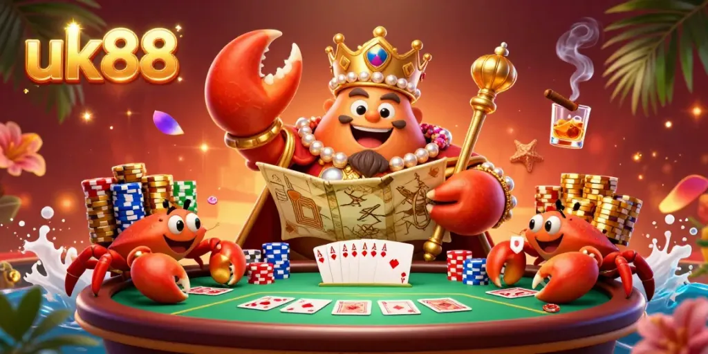 Engage with uk88's lively casino atmosphere featuring a golden crab emperor and a dynamic poker scene.