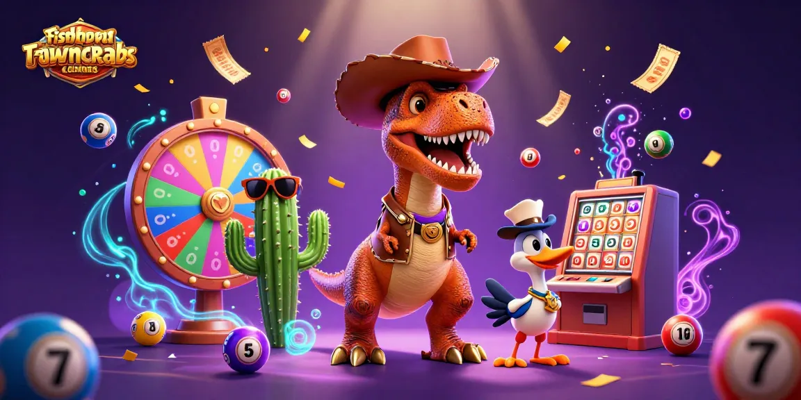 Engage with fishprawncrabs as a T-Rex cowboy and friends spin winning prizes in vibrant 3D illustration.