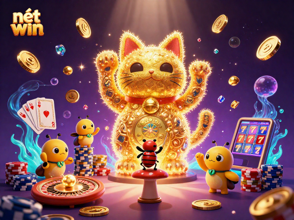 Catch the excitement of nét win with a vibrant display of casino symbols and lively characters.