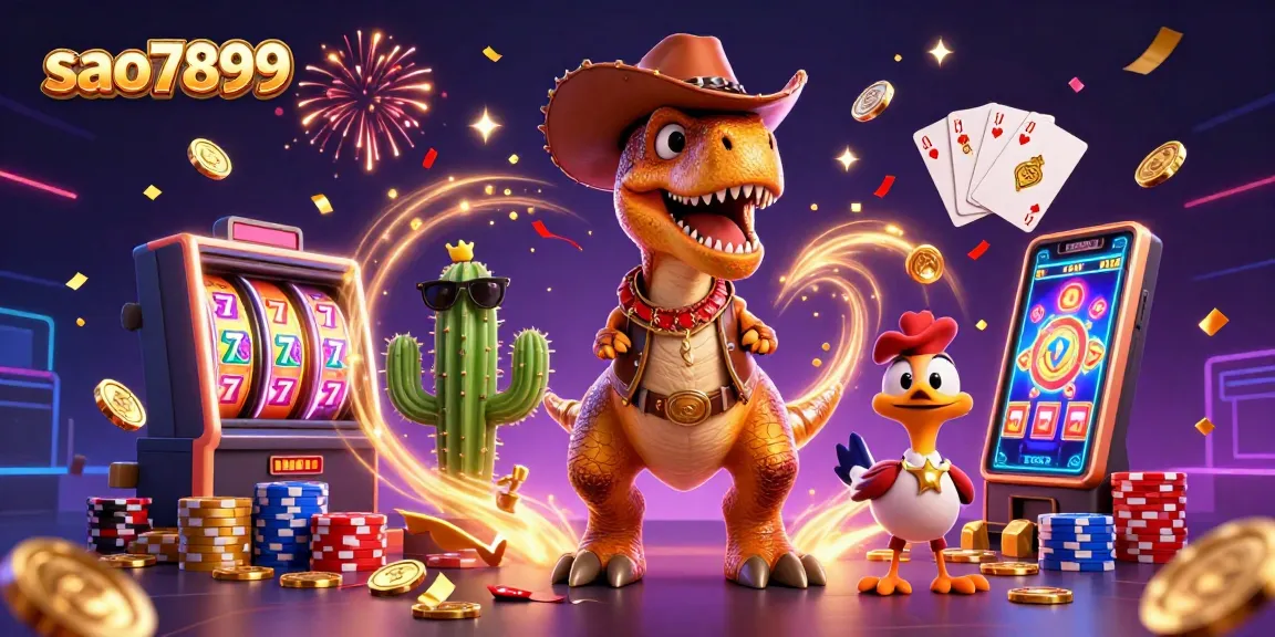Engage in exciting gameplay at sao7899 casino with T-Rex, cactus, and roadrunner surrounded by vibrant slot machines.