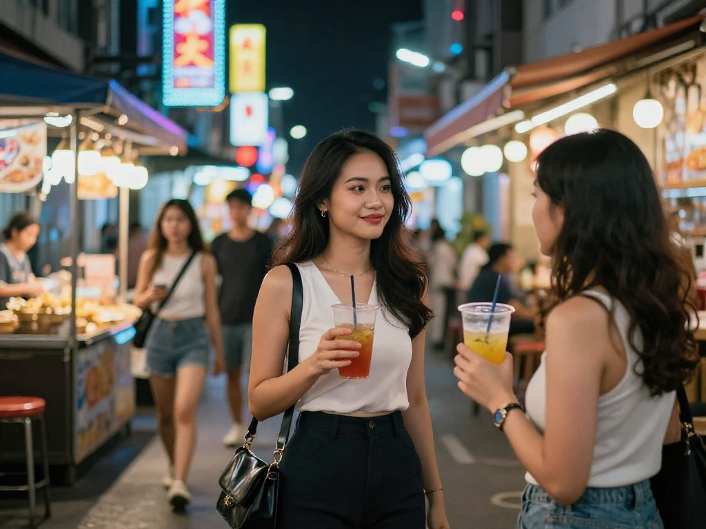 Gái gọi xinh đẹp tham gia cuộc trò chuyện giữa phố đêm Hà Nội với ánh đèn neon rực rỡ.