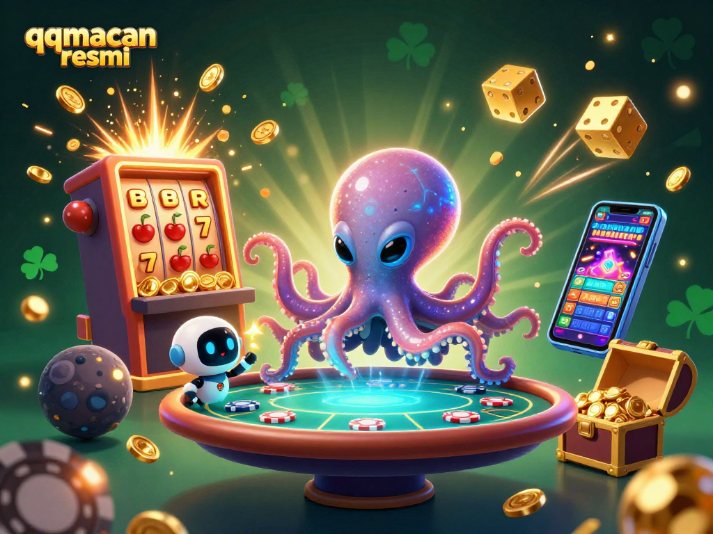 Engage in thrilling gameplay with qqmacan resmi at a floating holographic poker table surrounded by casino elements.
