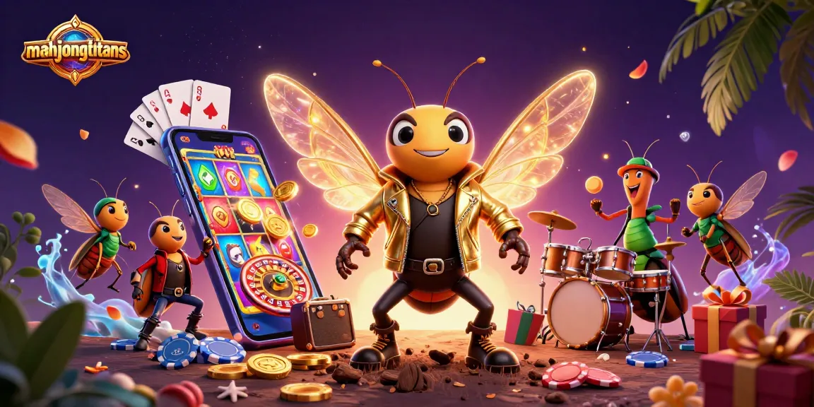Engage with mahjongtitans as a cicada rock star showcases vibrant slot game elements in a festive scene.