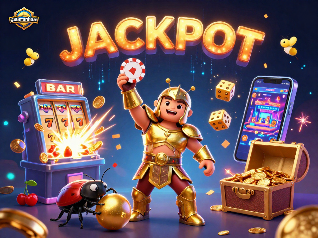 Engage with giaimanhacai as a 3D hercules beetle celebrates a jackpot in a vibrant casino scene.