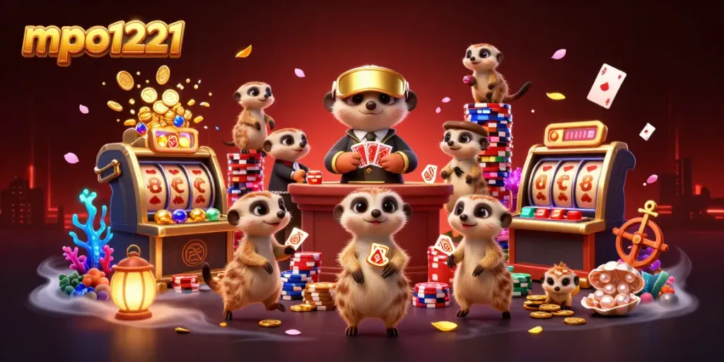 Experience mpo1221 with a lively meerkat casino scene filled with slots, chips, and treasures.