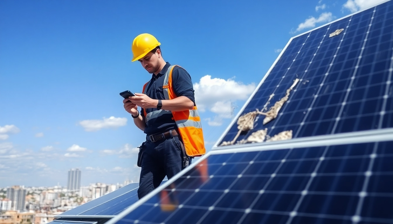 Technician performing solar panel repair on a rooftop, ensuring optimal panel performance.