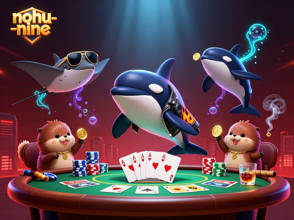 Engage in thrilling gameplay with nohu-nine featuring sea otters, an orca, and a stingray at a poker table.