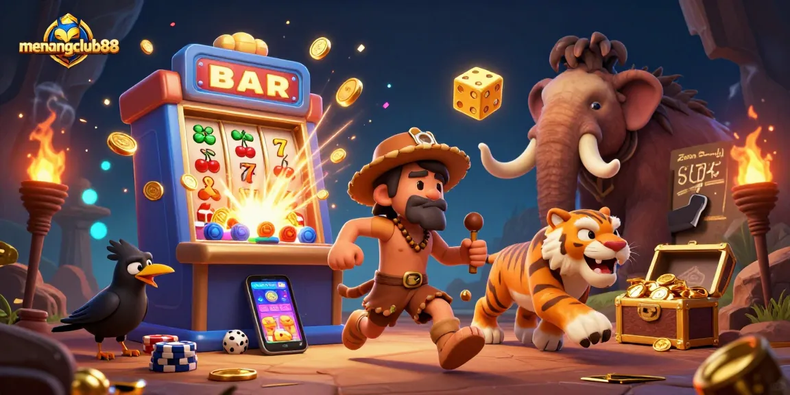 Play thrilling games at menangclub88, featuring a lively casino scene with prehistoric characters and dynamic slot elements.