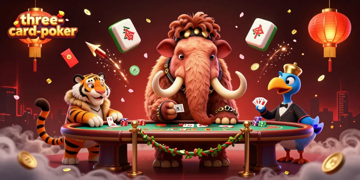 Experience thrilling three-card-poker with a vibrant casino scene featuring playful characters and dynamic game elements.