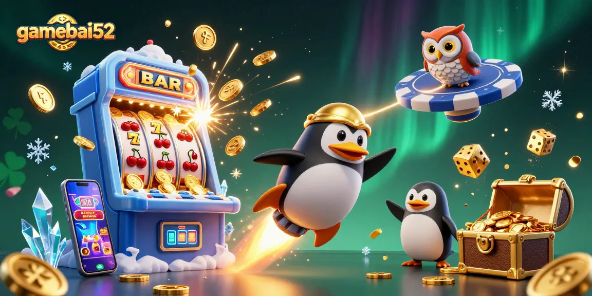 Engage with gamebai52's thrilling casino adventure featuring a golden penguin and slot machines.