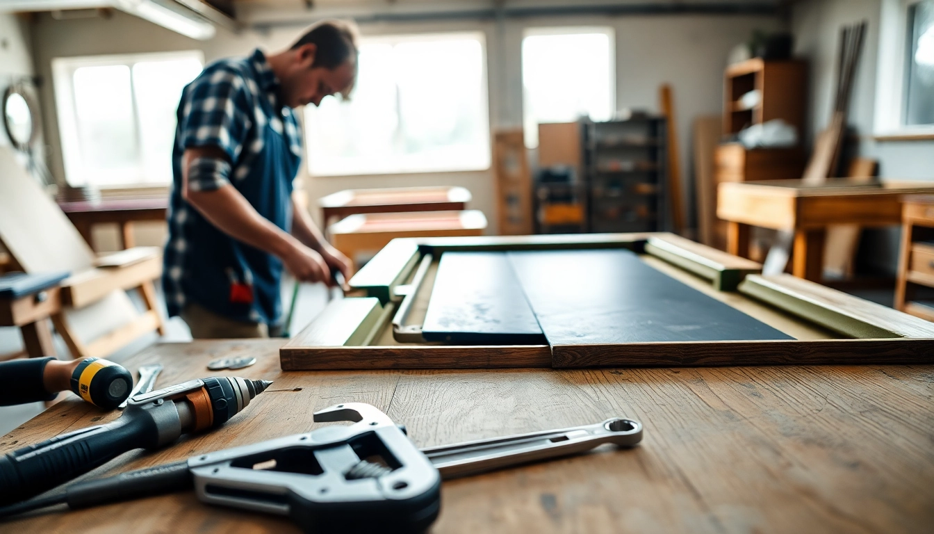 Pool Table Disassembly process with tools and technician in a workshop environment