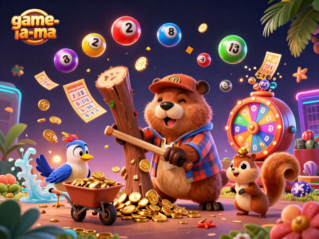 game-la-ma brings excitement with a vibrant lottery scene featuring animated characters celebrating winnings.