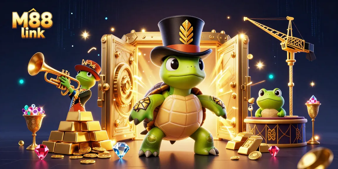 Experience thrilling gameplay with M88 link and exciting treasures in this dynamic 3D casino scene.