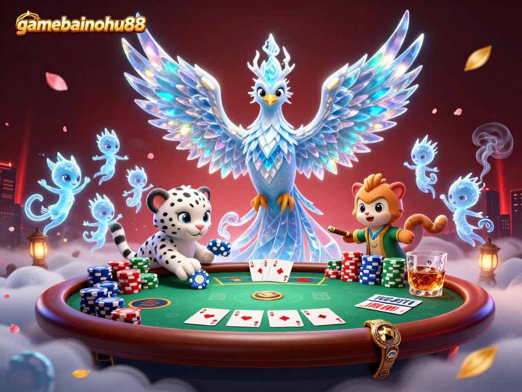 Experience excitement with gamebainohu88, featuring a dazzling ice phoenix and vibrant poker scene.