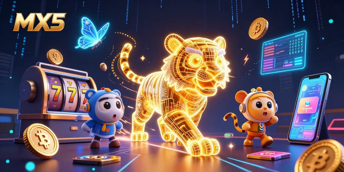 Experience the excitement of MX5 with a golden tiger in a vibrant digital casino landscape.