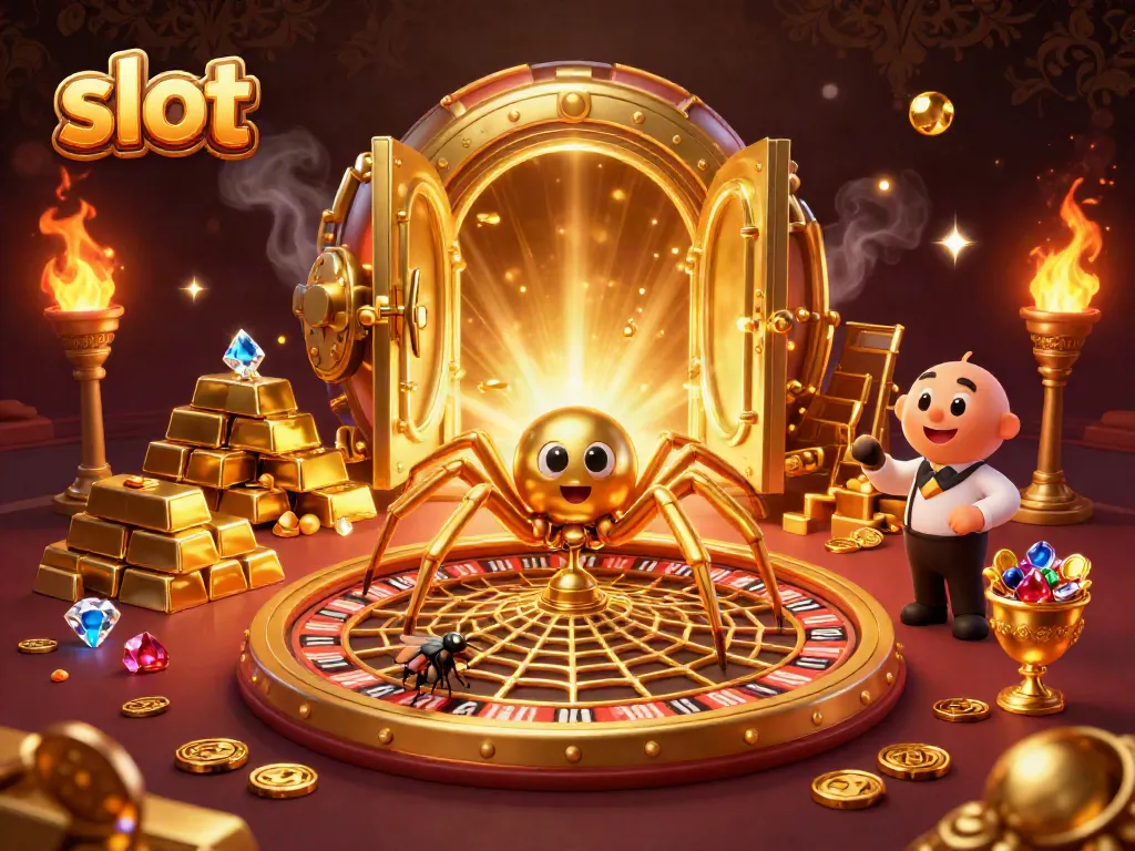 Gambarkan slot dengan laba-laba emas dan makhluk lain di kasino, berisi banyak aspek bermain judi.