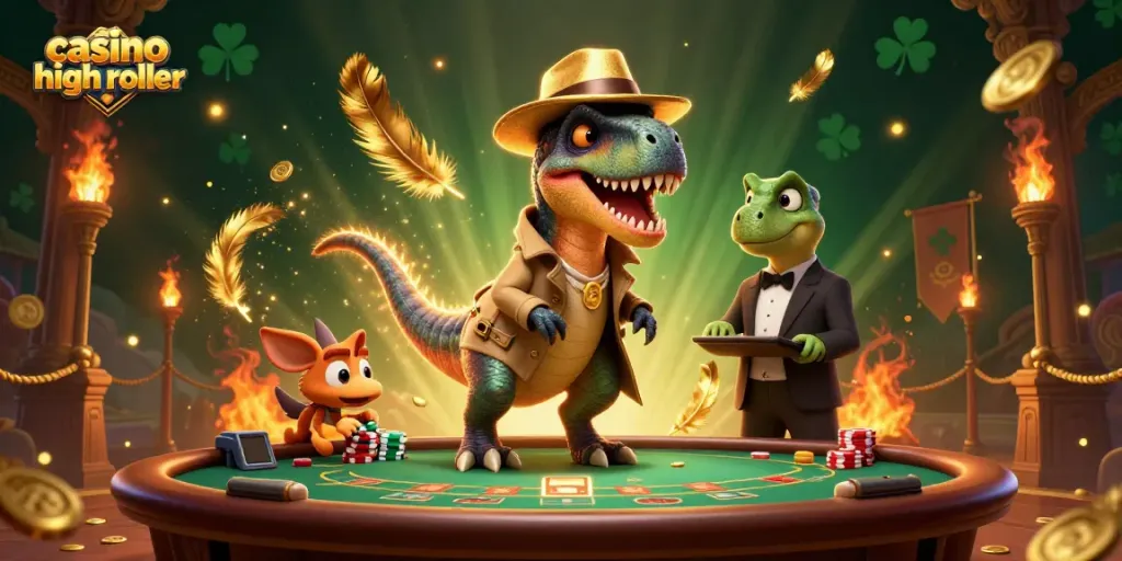 Experience the thrill of casino high roller action with a velociraptor at a blackjack table, amidst vibrant gold coins.