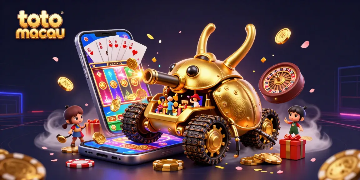 Toto Macau offers an exciting scene featuring a golden casino beetle tank with animated game elements.